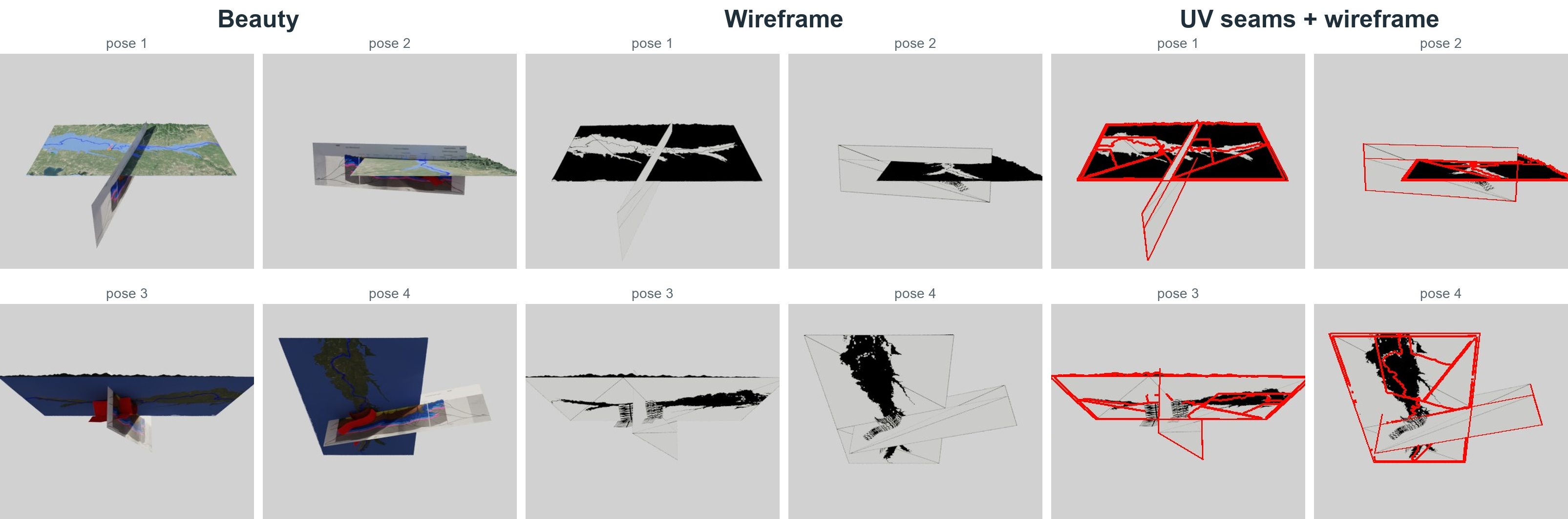 Aligned beauty, wireframe, and UV seam plus wireframe views of the same 3D asset